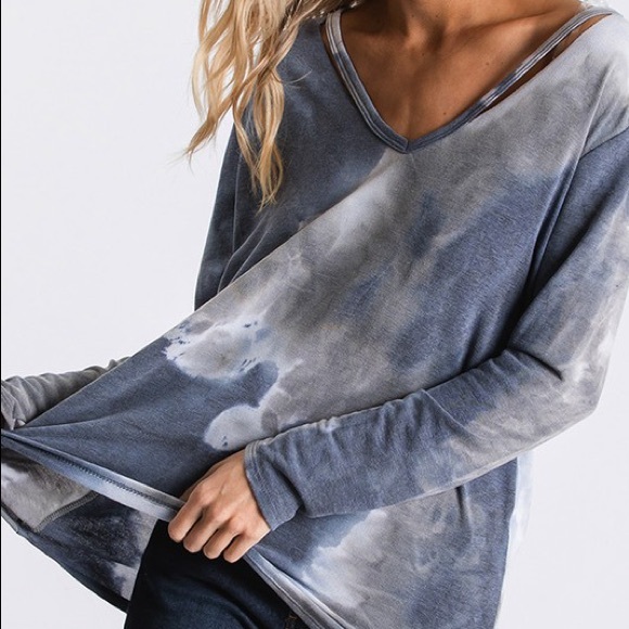 Restocked! Blue Gray Tie Dye V-Neck Cut Out Top - Picture 1 of 2